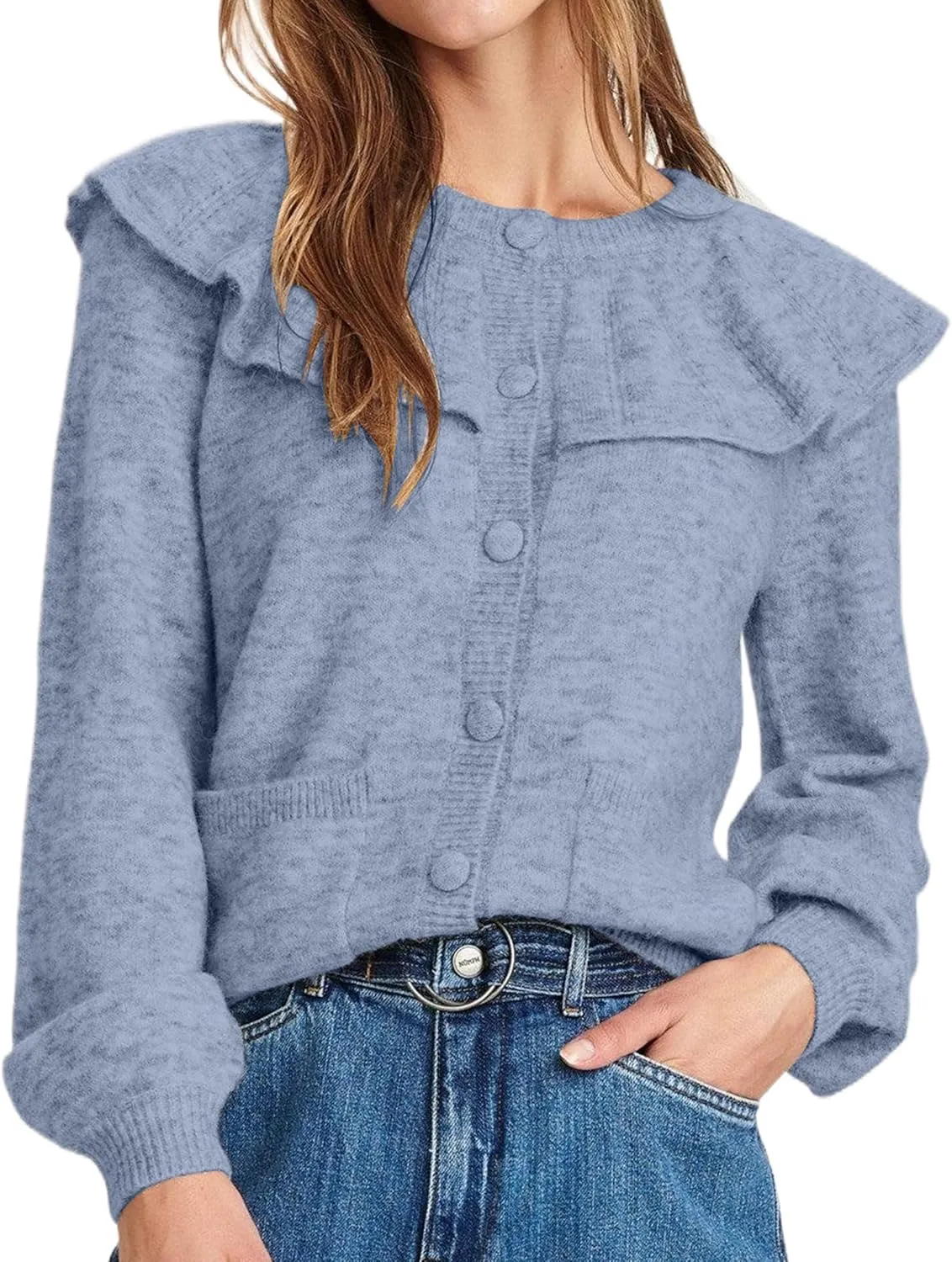 Women Ruffle Collar Cardigan Open Front Long Sleeve Button Down Knit Sweater Coats Solid Casual Fall Tops with Pockets