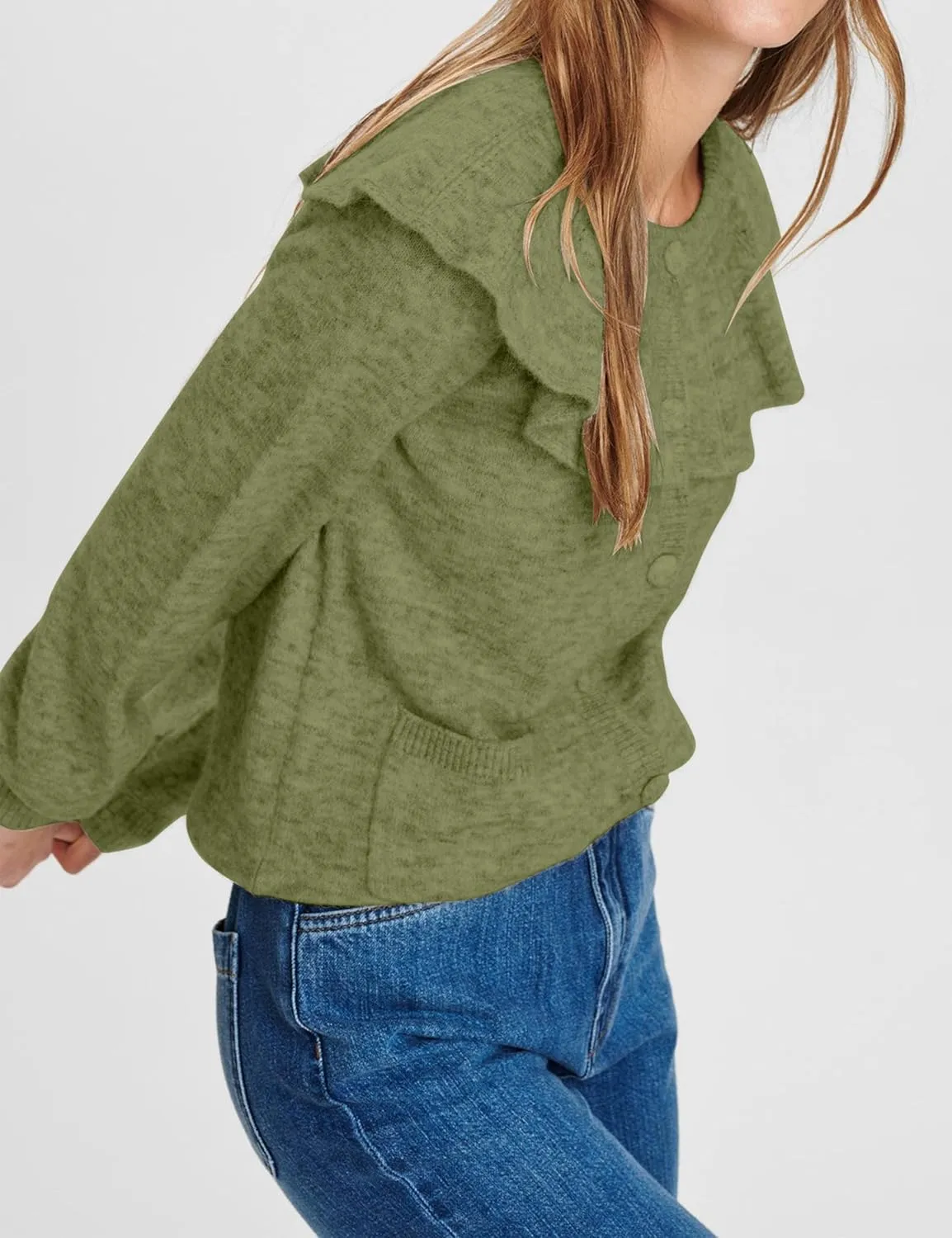 Women Ruffle Collar Cardigan Open Front Long Sleeve Button Down Knit Sweater Coats Solid Casual Fall Tops with Pockets