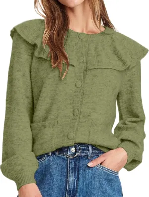Women Ruffle Collar Cardigan Open Front Long Sleeve Button Down Knit Sweater Coats Solid Casual Fall Tops with Pockets