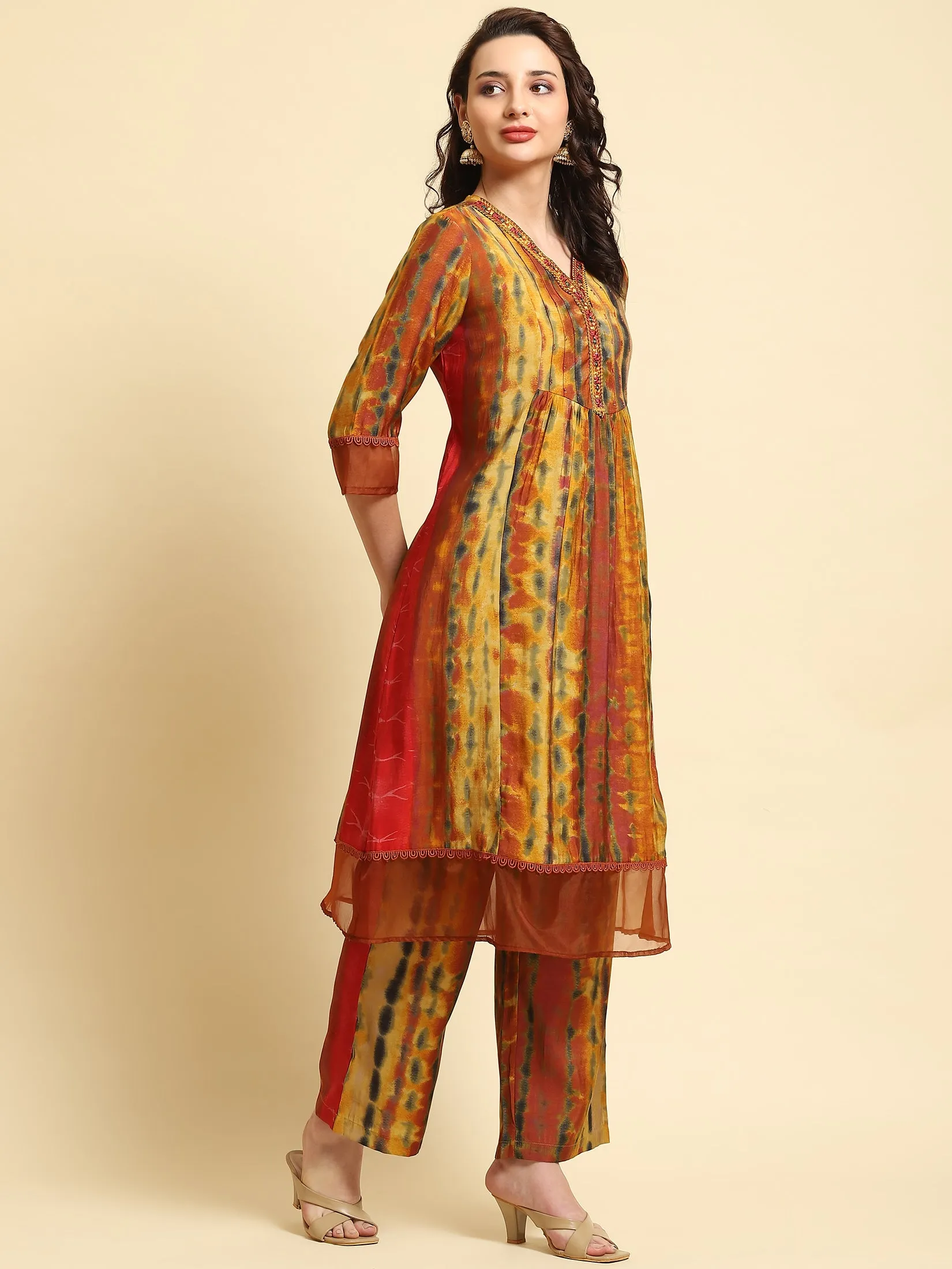 Women Rust Tie Dye Printed Kurta Comfort Pant Dupatta