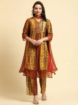 Women Rust Tie Dye Printed Kurta Comfort Pant Dupatta
