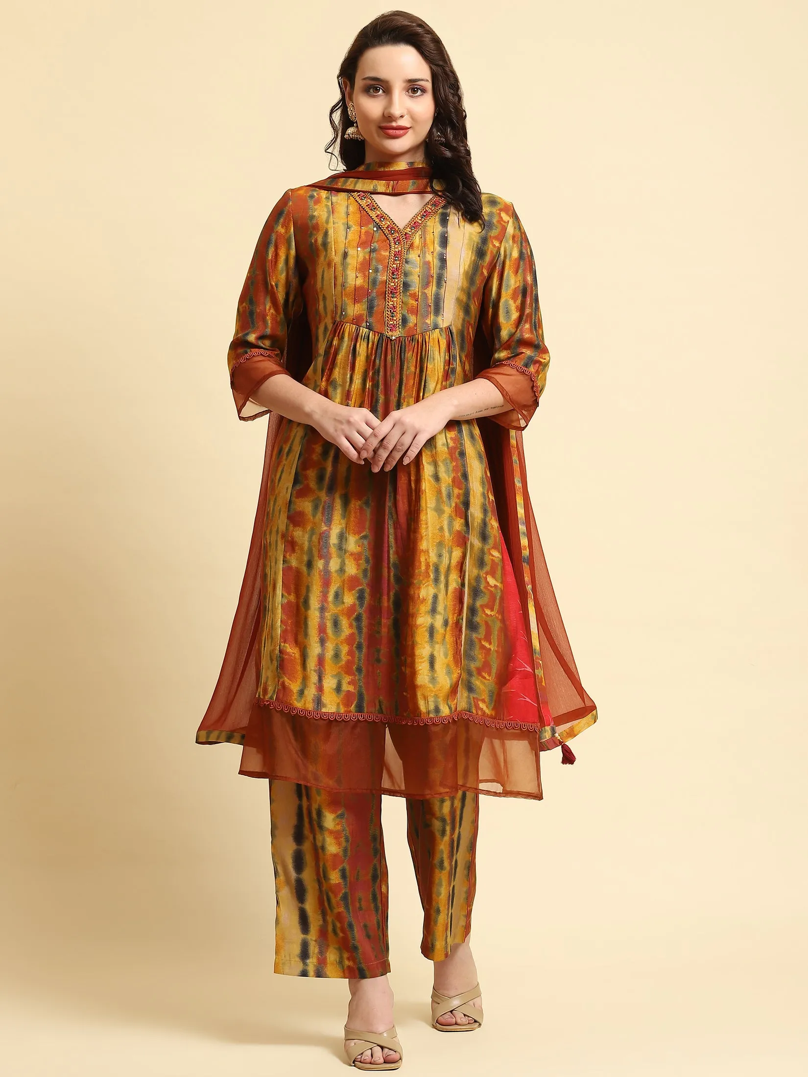 Women Rust Tie Dye Printed Kurta Comfort Pant Dupatta