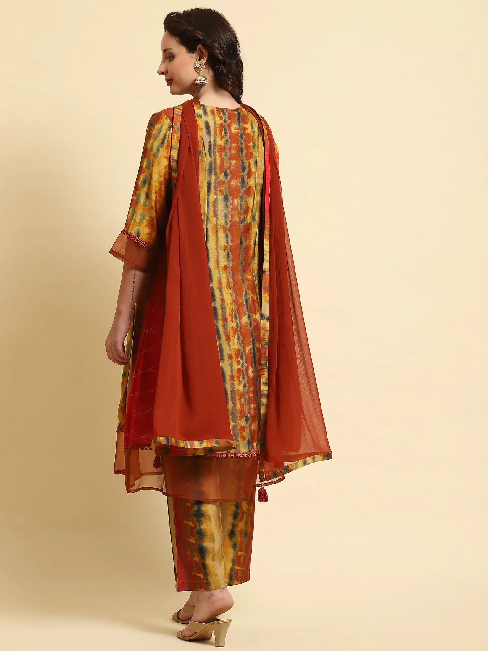 Women Rust Tie Dye Printed Kurta Comfort Pant Dupatta