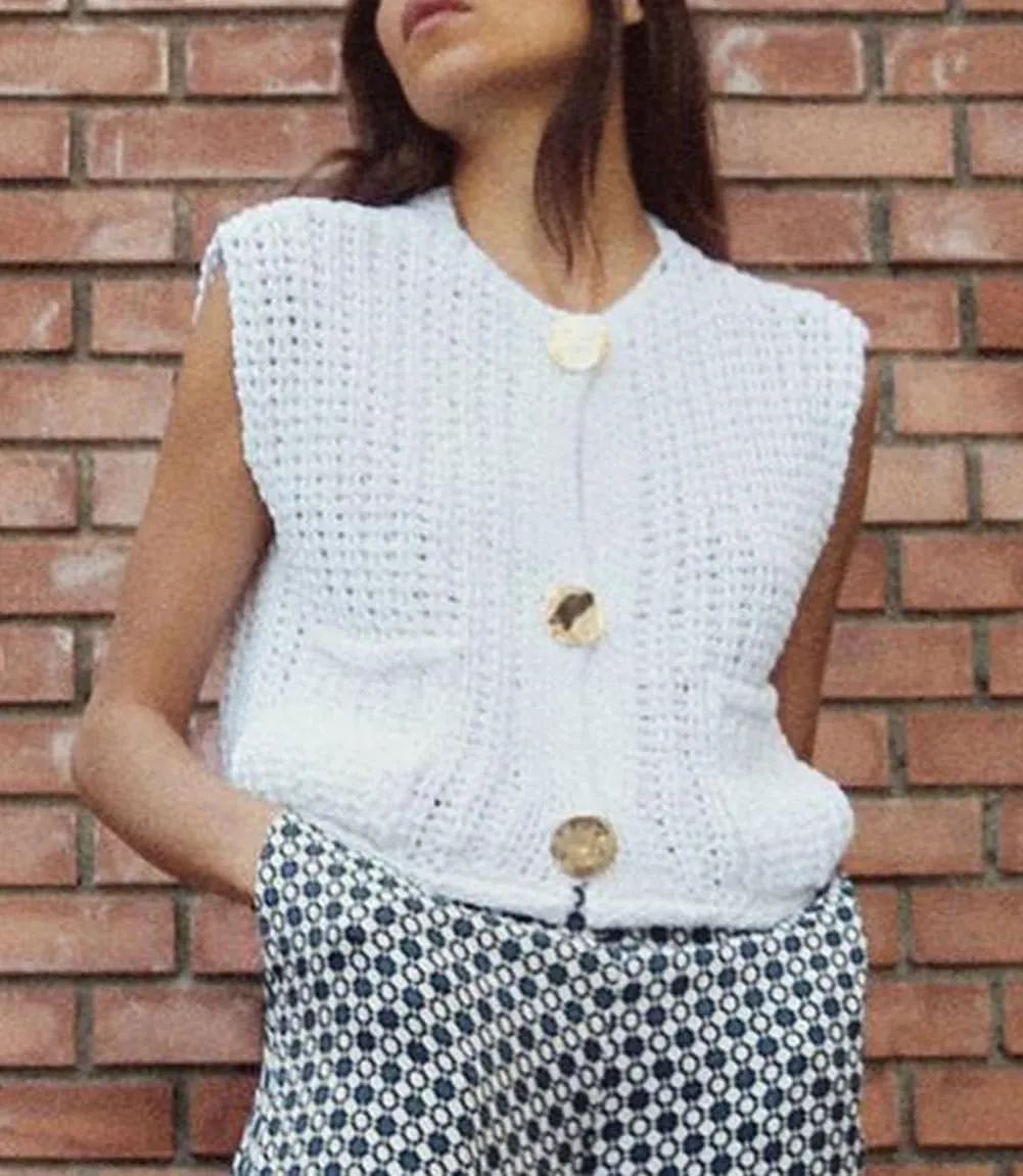 Women Sleeveless Crop Knit Cardigan Button Down Chunky Knit Sweater Cardigan Hollow Out Crochet Knit Tank Vest