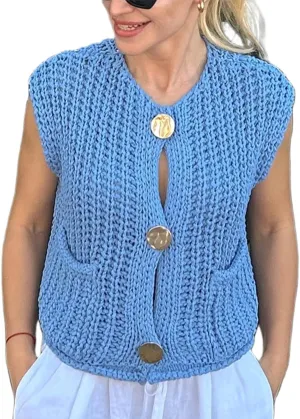 Women Sleeveless Crop Knit Cardigan Button Down Chunky Knit Sweater Cardigan Hollow Out Crochet Knit Tank Vest