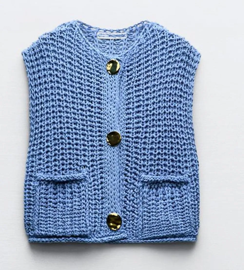 Women Sleeveless Crop Knit Cardigan Button Down Chunky Knit Sweater Cardigan Hollow Out Crochet Knit Tank Vest