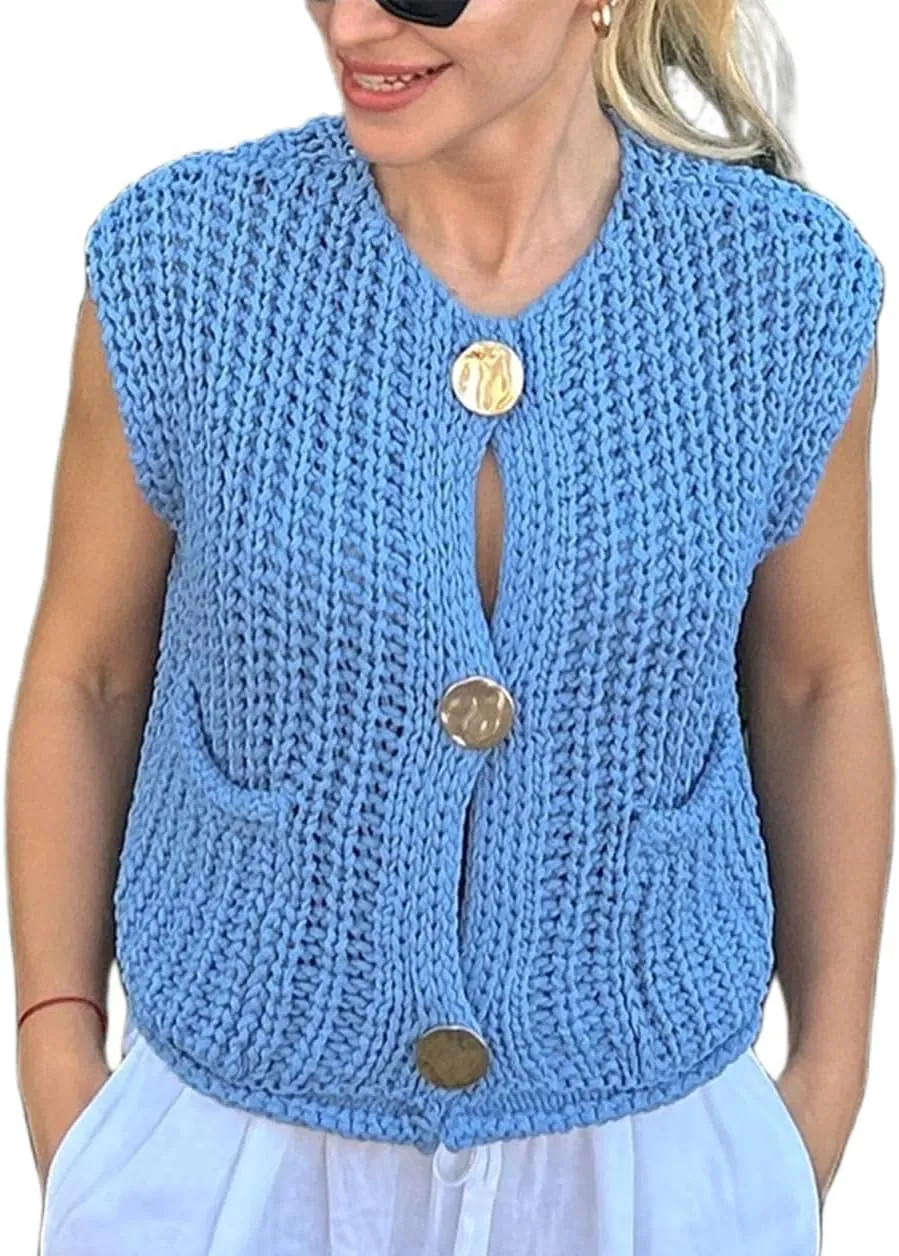 Women Sleeveless Crop Knit Cardigan Button Down Chunky Knit Sweater Cardigan Hollow Out Crochet Knit Tank Vest