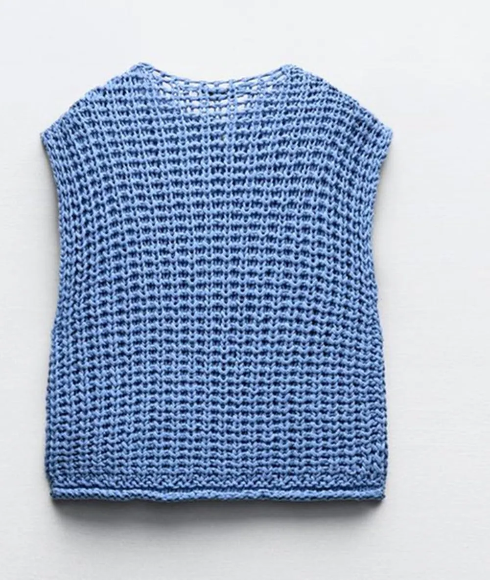 Women Sleeveless Crop Knit Cardigan Button Down Chunky Knit Sweater Cardigan Hollow Out Crochet Knit Tank Vest