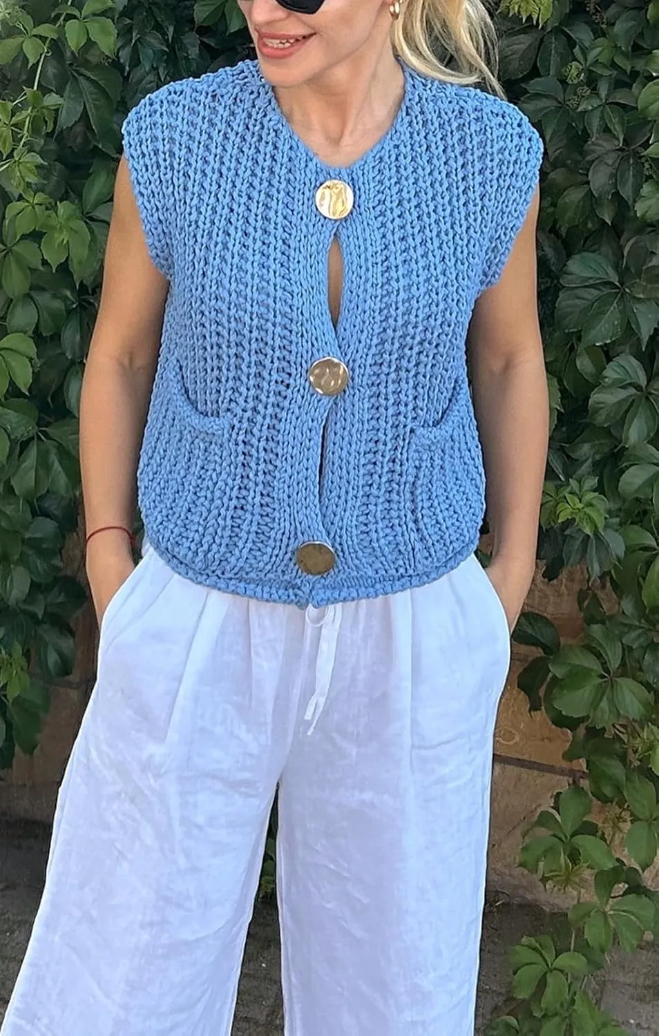 Women Sleeveless Crop Knit Cardigan Button Down Chunky Knit Sweater Cardigan Hollow Out Crochet Knit Tank Vest