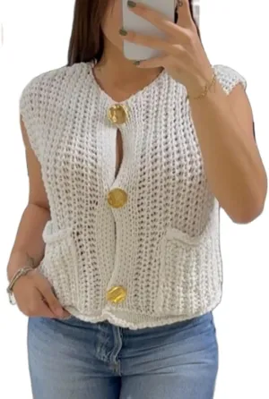 Women Sleeveless Crop Knit Cardigan Button Down Chunky Knit Sweater Cardigan Hollow Out Crochet Knit Tank Vest