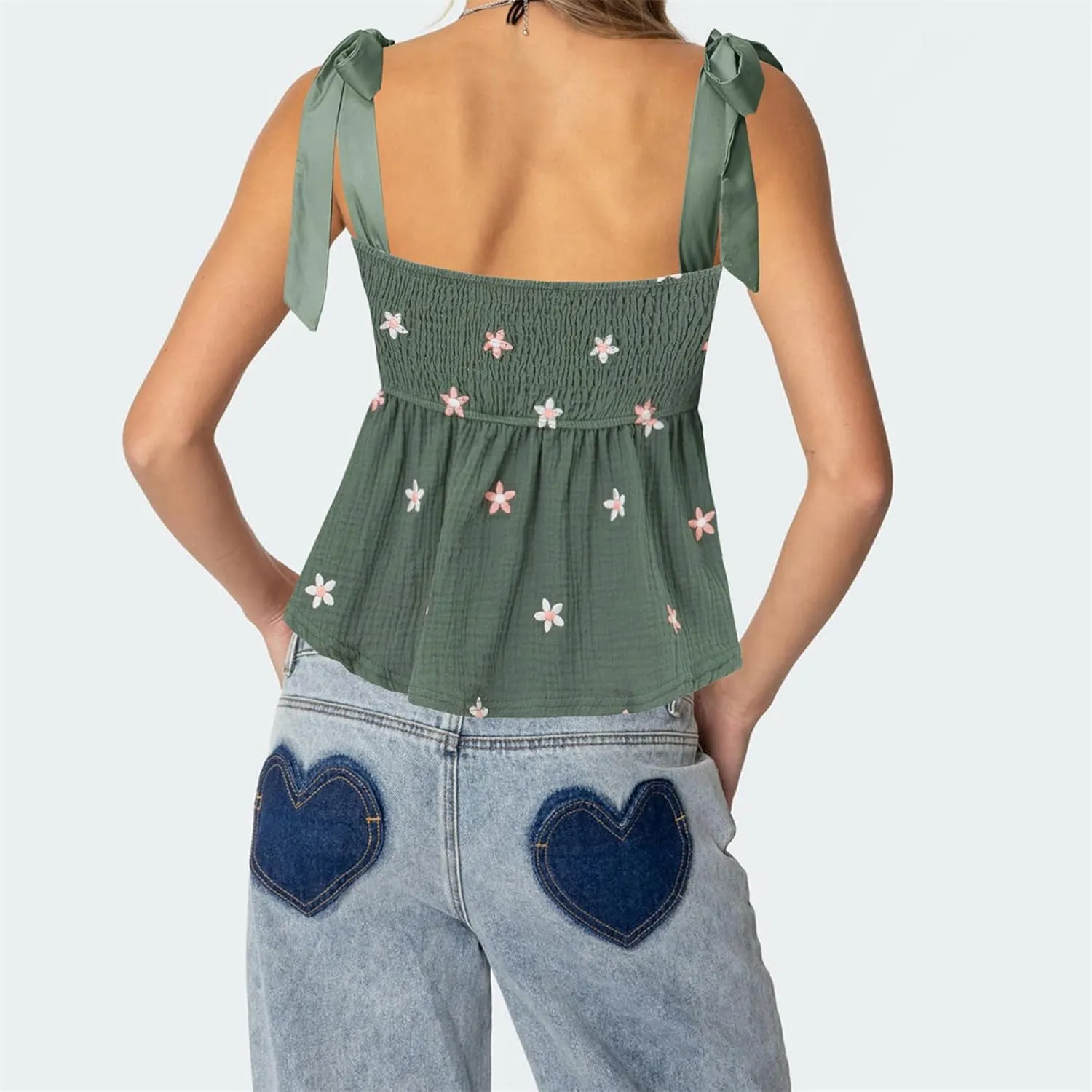Women Smocked Floral Tank Top Flower Print Ruffle Babydoll Cami Top Summer Vintage Sleeveless Peplum Camisole