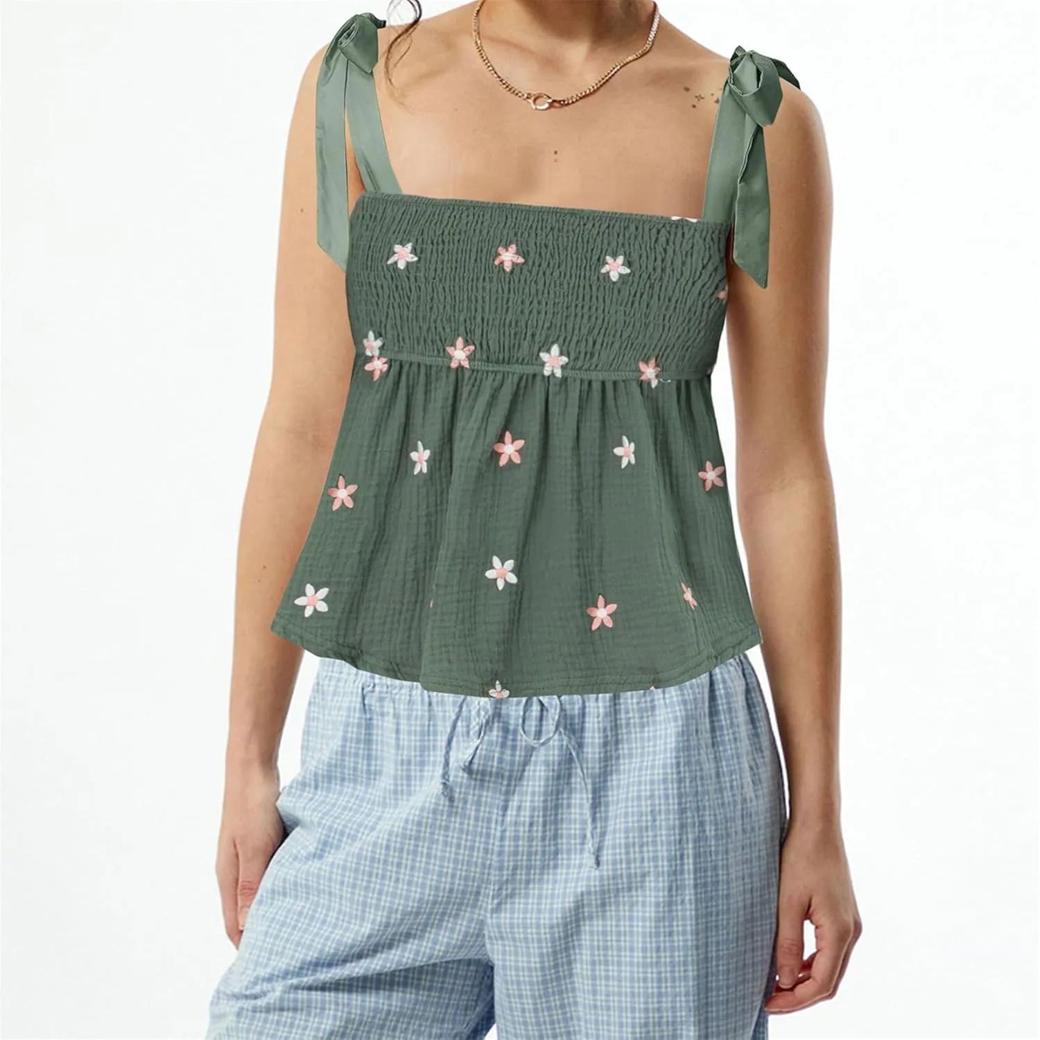 Women Smocked Floral Tank Top Flower Print Ruffle Babydoll Cami Top Summer Vintage Sleeveless Peplum Camisole