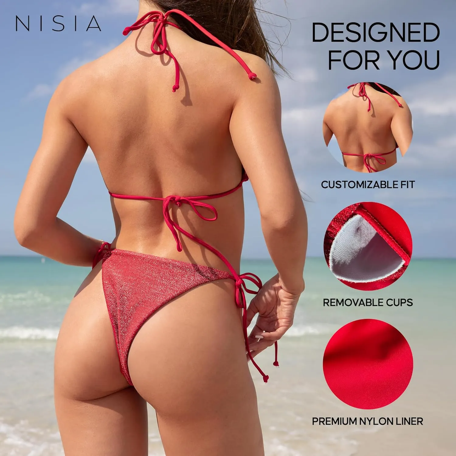 Women String Bikini Set - Halter Side Tie Two Piece Swimsuit - Triangle Bathing Suits - Bikini Sets for Women