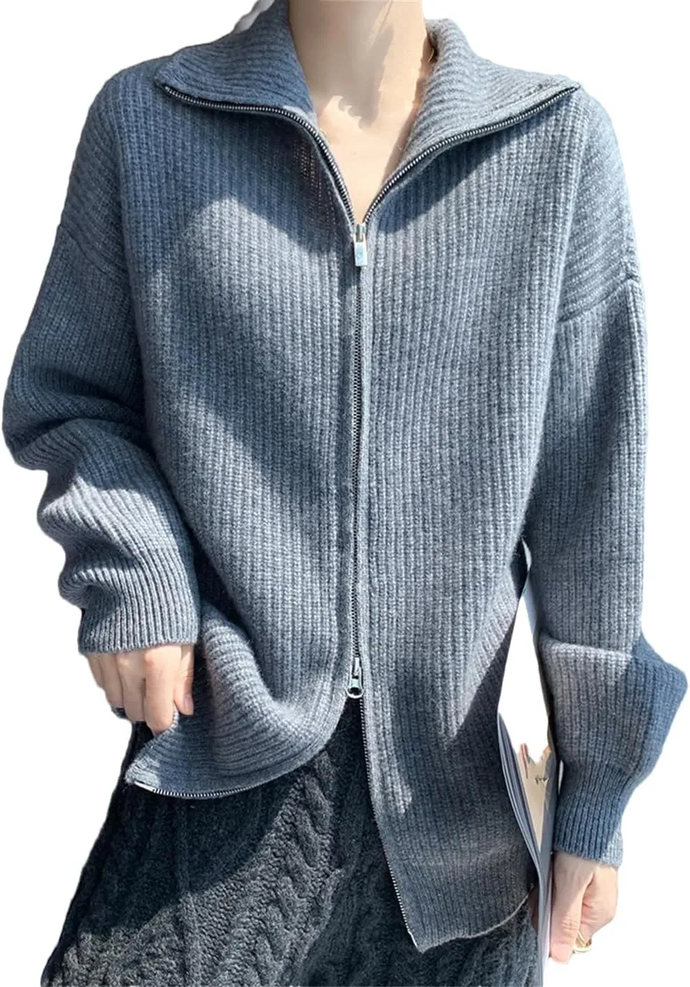 Women Sweater Zipper Turn-Down Collar Cardigan Wool Casual Knitwear Women Clothing