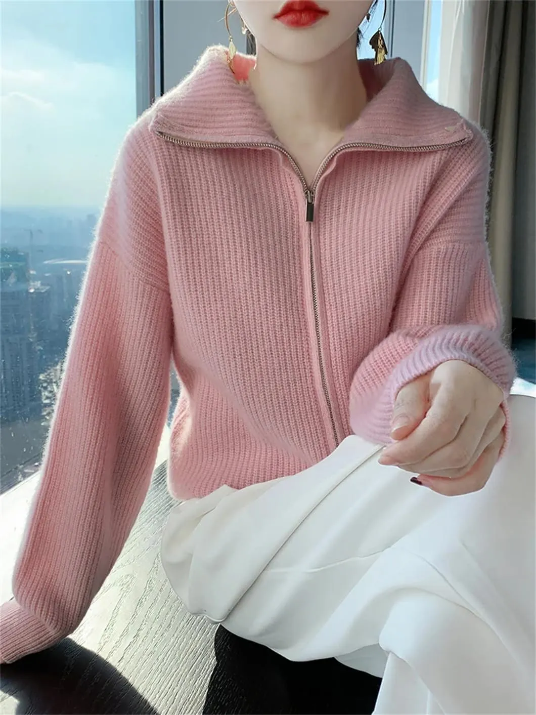Women Sweater Zipper Turn-Down Collar Cardigan Wool Casual Knitwear Women Clothing