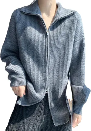 Women Sweater Zipper Turn-Down Collar Cardigan Wool Casual Knitwear Women Clothing