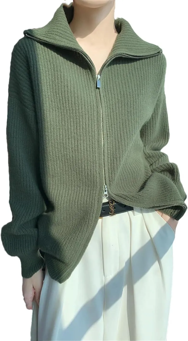 Women Sweater Zipper Turn-Down Collar Cardigan Wool Casual Knitwear Women Clothing