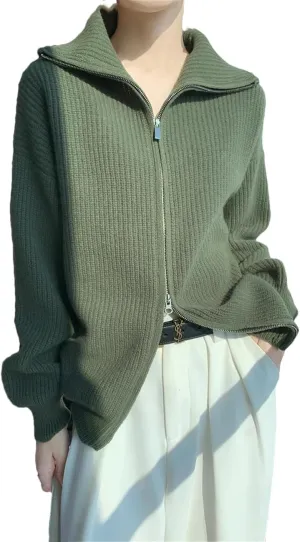 Women Sweater Zipper Turn-Down Collar Cardigan Wool Casual Knitwear Women Clothing