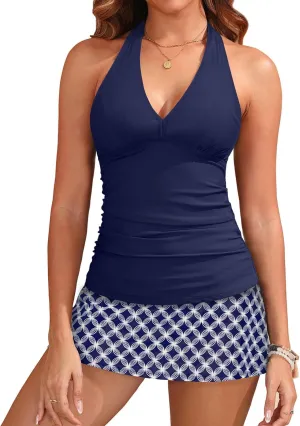 Women Tankini with Skirt - 2 Piece Swimsuits Tummy Control Bathing Suits Halter V Neck Swimwear 2025