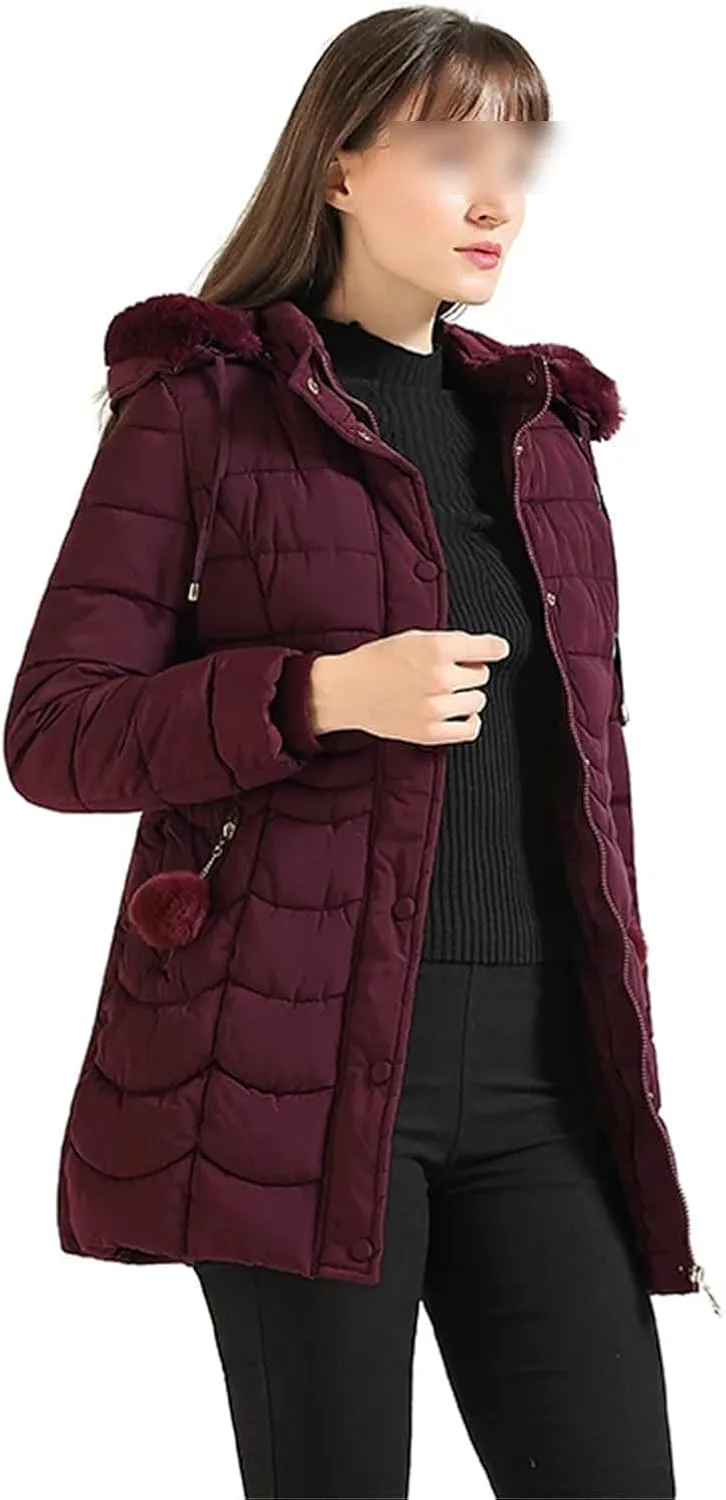 Women Winter Warm Parka Coat With Fur Fluffy Fur Hood Outdoor Long Padded Cotton Clothing