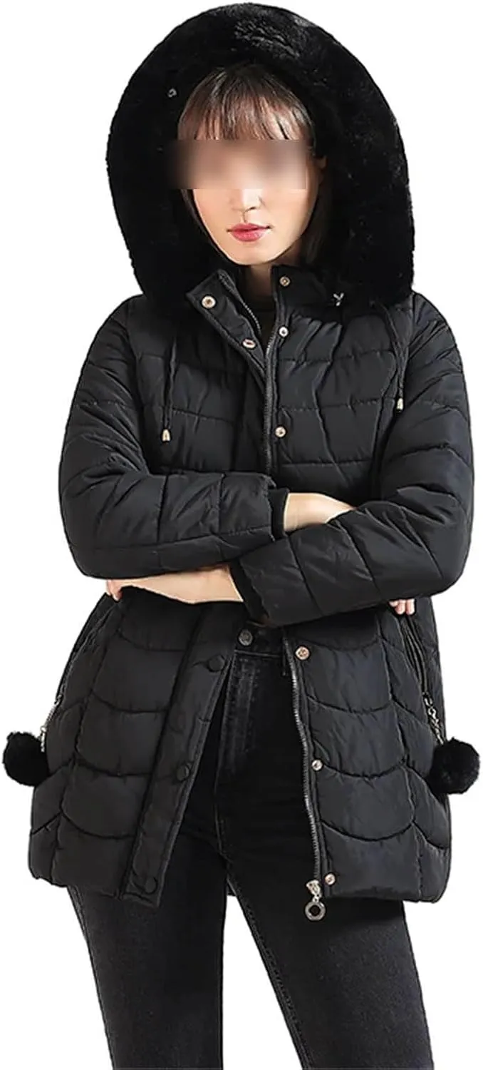 Women Winter Warm Parka Coat With Fur Fluffy Fur Hood Outdoor Long Padded Cotton Clothing