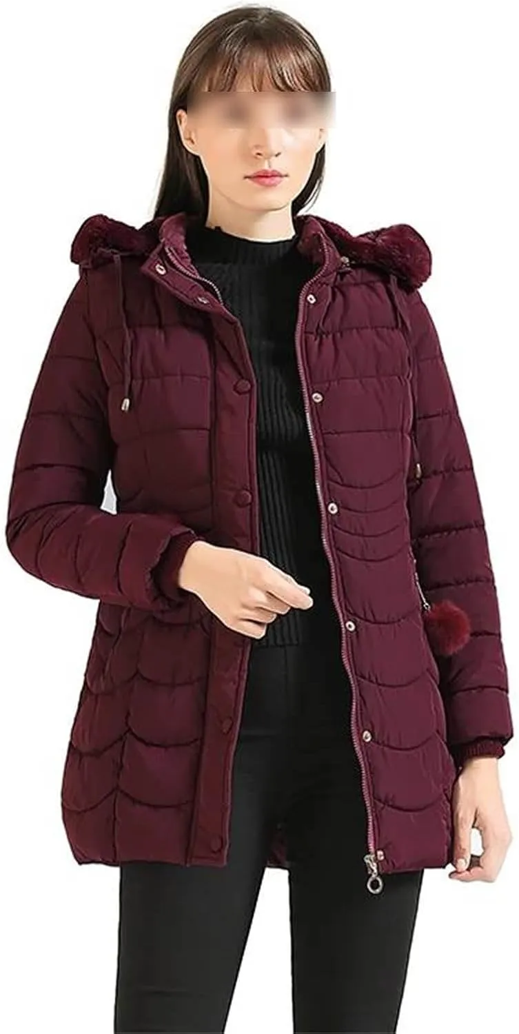 Women Winter Warm Parka Coat With Fur Fluffy Fur Hood Outdoor Long Padded Cotton Clothing