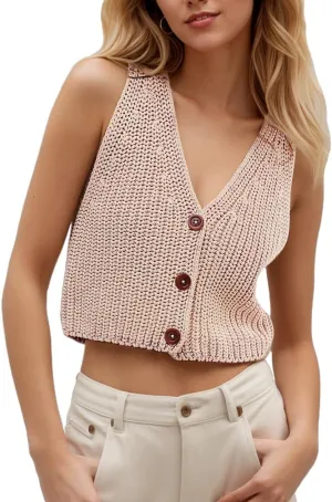 Women Y2k Button Down Chunky Knit Crop Sweater Vest Loose Sleeveless V Neck Open Font Button Front Cardigan Vest