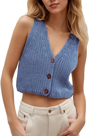Women Y2k Button Down Chunky Knit Crop Sweater Vest Loose Sleeveless V Neck Open Font Button Front Cardigan Vest