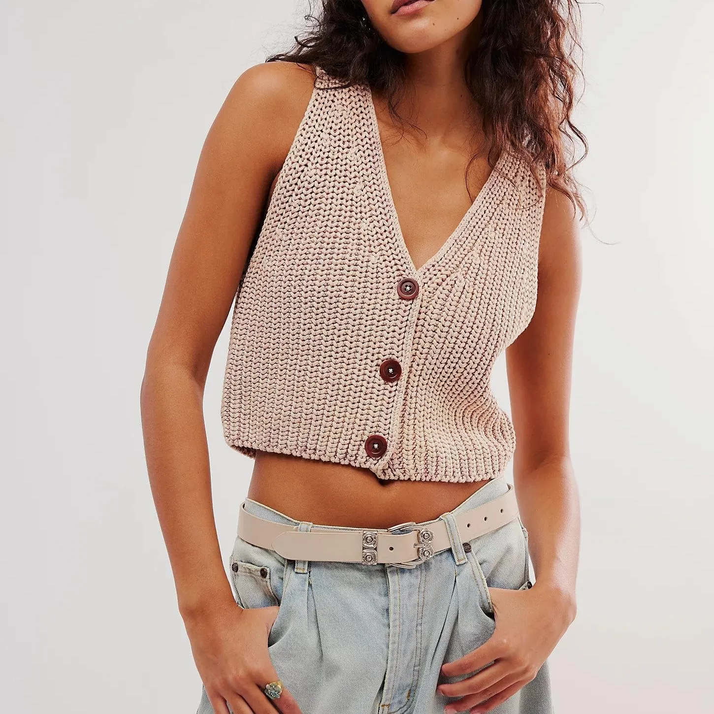 Women Y2k Button Down Chunky Knit Crop Sweater Vest Loose Sleeveless V Neck Open Font Button Front Cardigan Vest