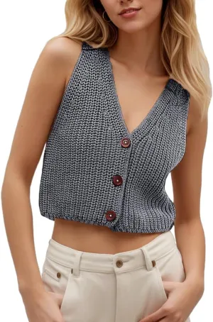 Women Y2k Button Down Chunky Knit Crop Sweater Vest Loose Sleeveless V Neck Open Font Button Front Cardigan Vest