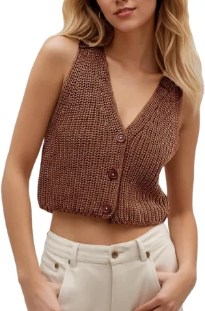Women Y2k Button Down Chunky Knit Crop Sweater Vest Loose Sleeveless V Neck Open Font Button Front Cardigan Vest