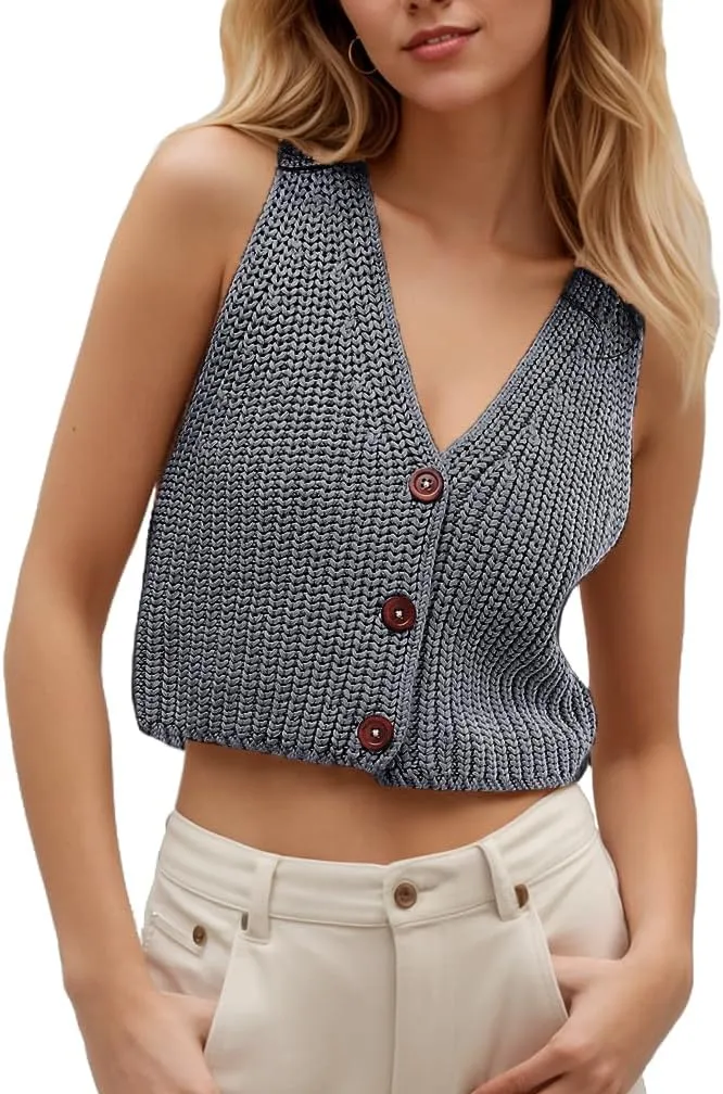 Women Y2k Button Down Chunky Knit Crop Sweater Vest Loose Sleeveless V Neck Open Font Button Front Cardigan Vest