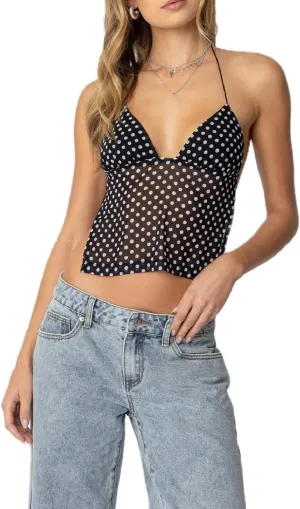 Women Y2K Cami Tank Top Polka Dot Sleeveless V Neck Crop Top Sexy Lace Trim Spaghetti Strap Camisole Top