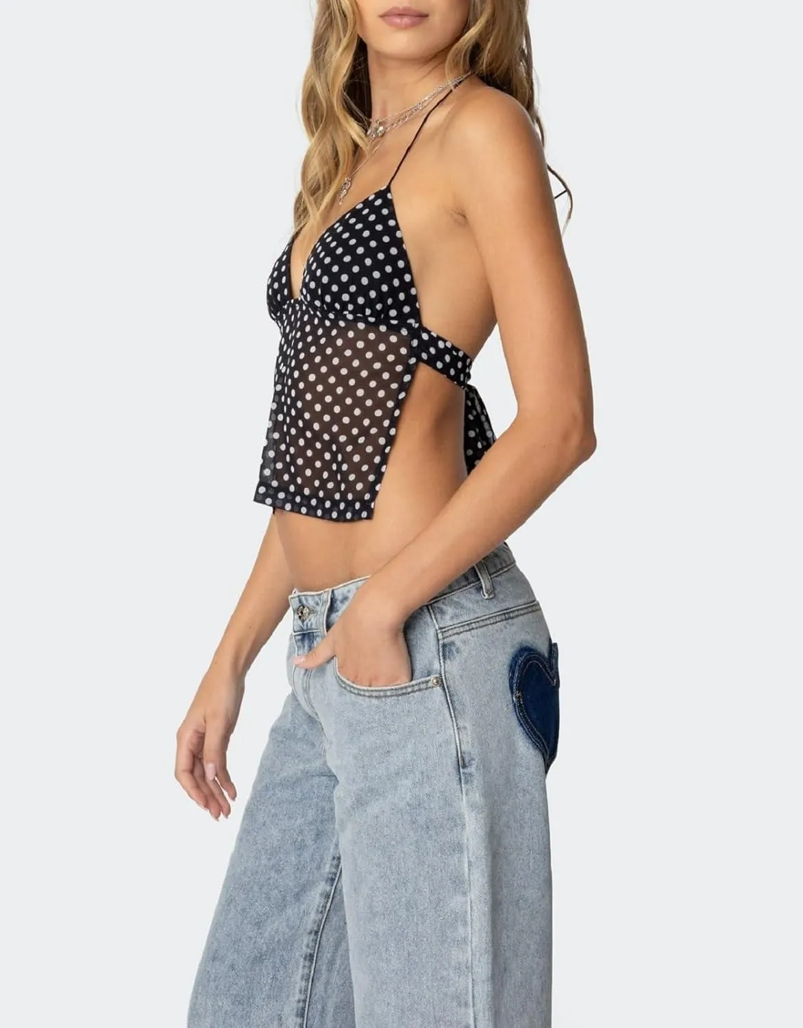 Women Y2K Cami Tank Top Polka Dot Sleeveless V Neck Crop Top Sexy Lace Trim Spaghetti Strap Camisole Top