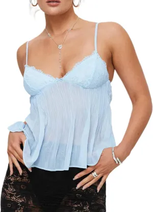 Women Y2K Cami Tank Top Polka Dot Sleeveless V Neck Crop Top Sexy Lace Trim Spaghetti Strap Camisole Top