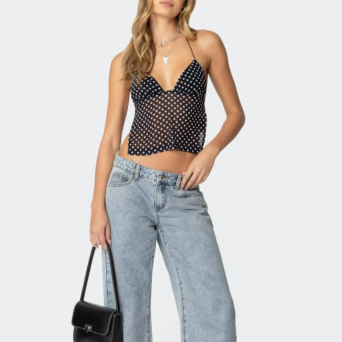 Women Y2K Cami Tank Top Polka Dot Sleeveless V Neck Crop Top Sexy Lace Trim Spaghetti Strap Camisole Top