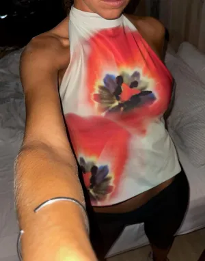 Women Y2k Floral Halter Tank Top Sleeveless Mock Neck Crop Top Backless Aesthetic Boho Vacation Beach Cami Shirts