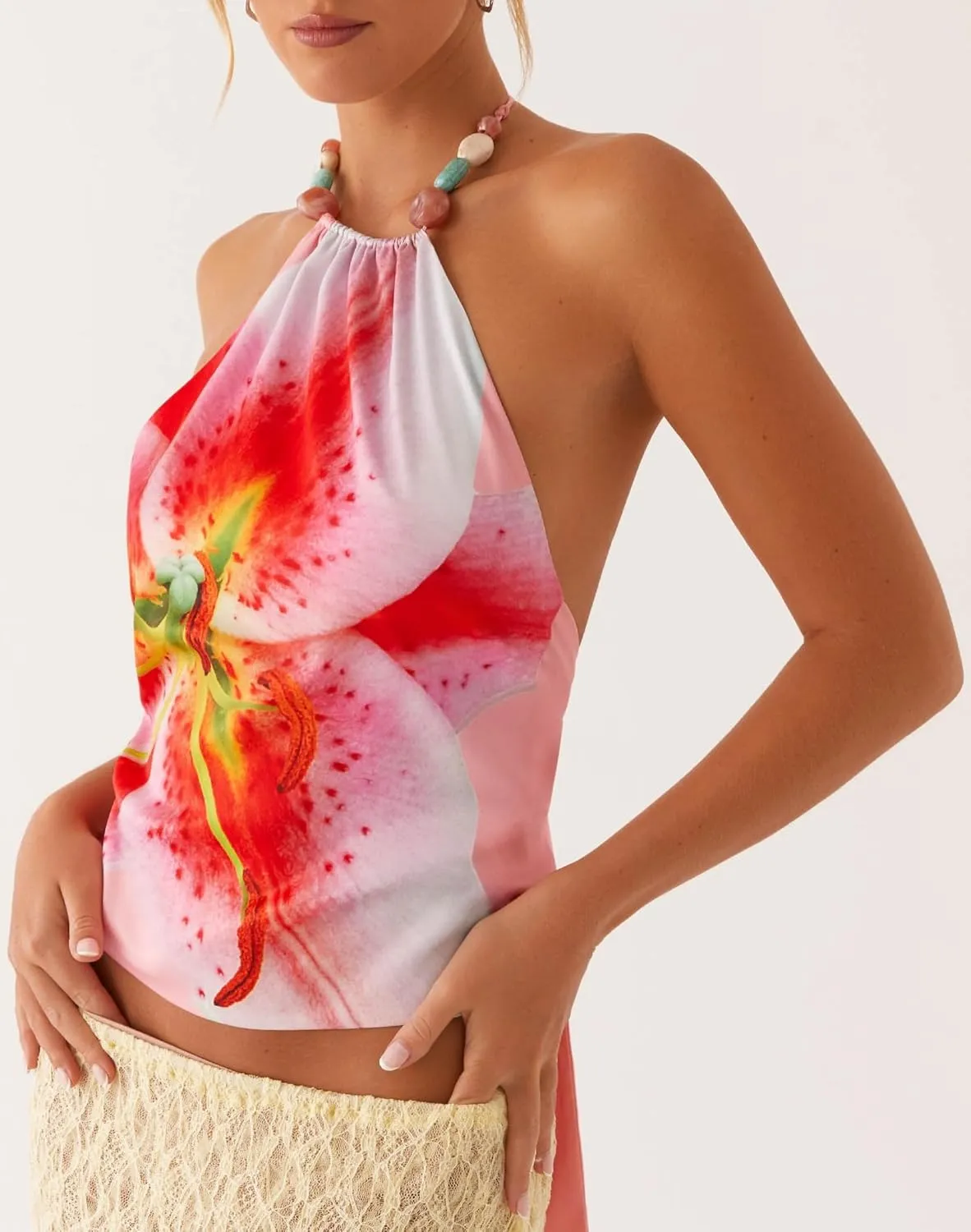 Women Y2k Floral Halter Tank Top Sleeveless Mock Neck Crop Top Backless Aesthetic Boho Vacation Beach Cami Shirts