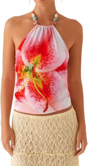 Women Y2k Floral Halter Tank Top Sleeveless Mock Neck Crop Top Backless Aesthetic Boho Vacation Beach Cami Shirts
