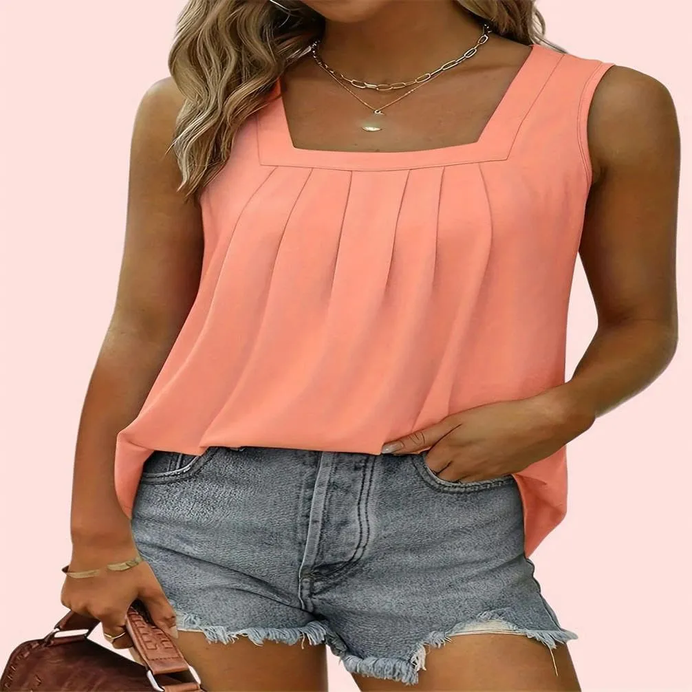 Women's 2 Piece Set Ruffled Versatile Vest Casual Square Neck Summer Sleeveless top Solid Color T-Shirt Loose Camisole