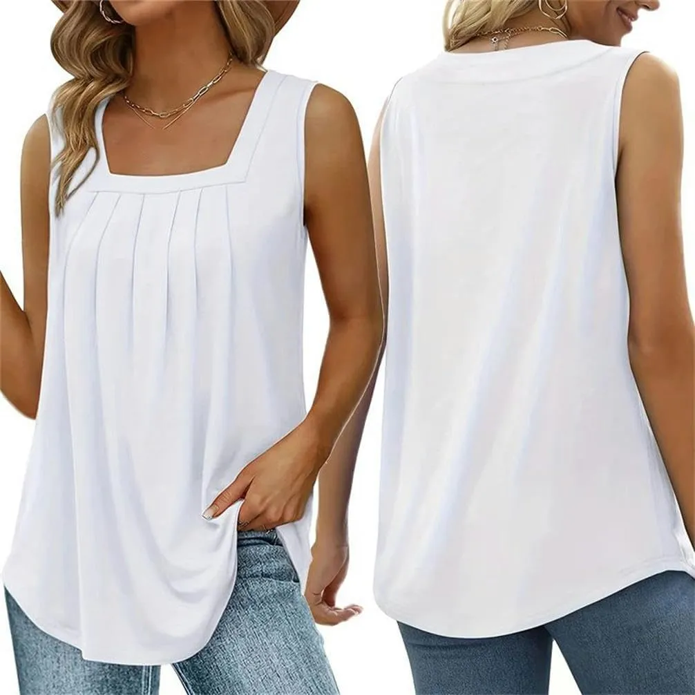 Women's 2 Piece Set Ruffled Versatile Vest Casual Square Neck Summer Sleeveless top Solid Color T-Shirt Loose Camisole