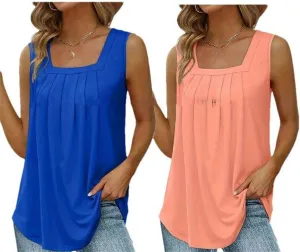 Women's 2 Piece Set Ruffled Versatile Vest Casual Square Neck Summer Sleeveless top Solid Color T-Shirt Loose Camisole