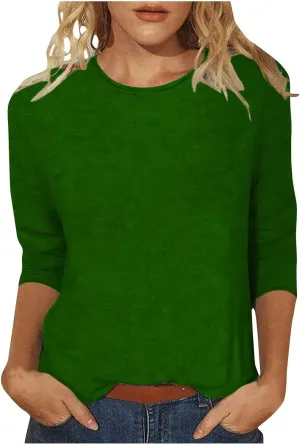 Womens Basic Cotton Tops Casual Loose 3/4 Sleeve Round Neck Pullover Blouses Summer Solid Color Dressy T Shirt