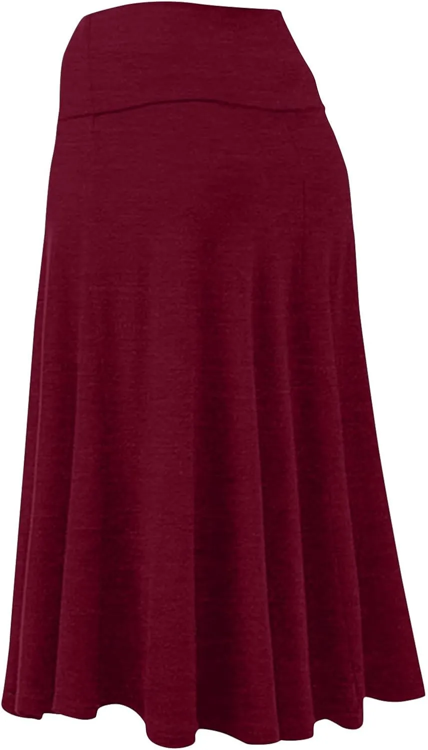 Womens Basic Midi Skirt Versatile Stretchy Flared Summer Casual High Waisted Skirt Pleated A-Line Skirts
