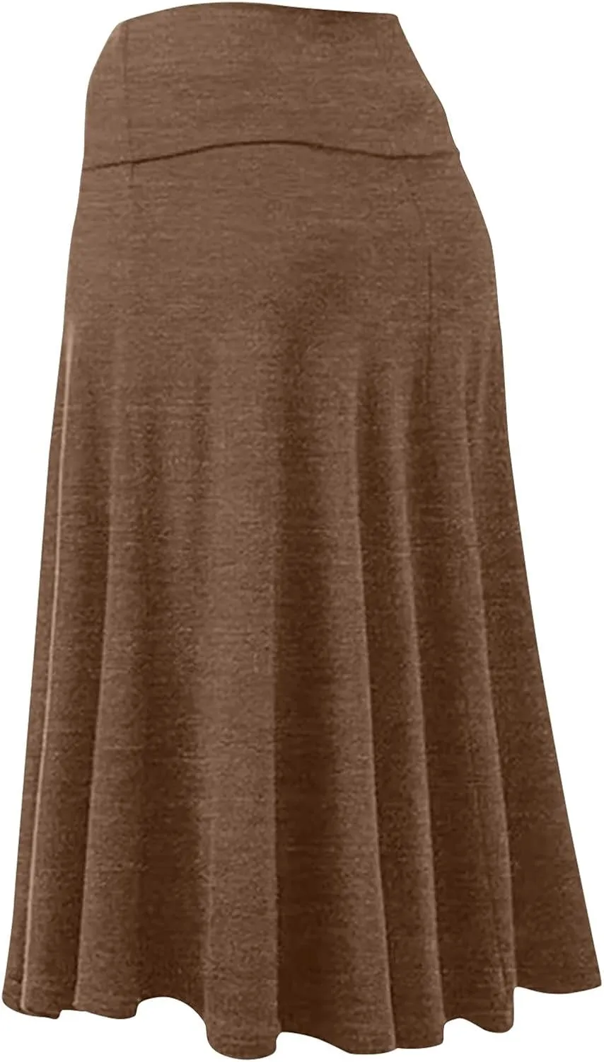 Womens Basic Midi Skirt Versatile Stretchy Flared Summer Casual High Waisted Skirt Pleated A-Line Skirts