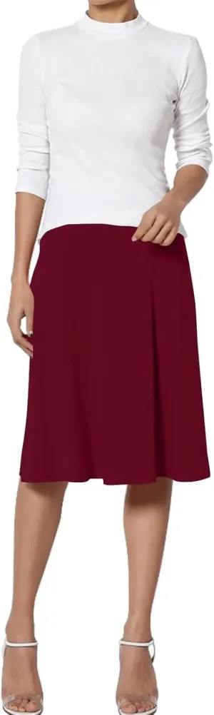Womens Basic Midi Skirt Versatile Stretchy Flared Summer Casual High Waisted Skirt Pleated A-Line Skirts