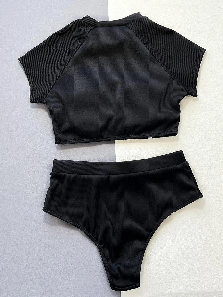 Women's Black Bikini Set - Designer Round Neck Swimwear