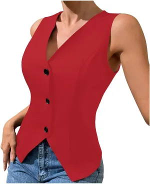 Womens Blazer Vest V Neck Sleeveless Button down Vest Work Casual Fitted Waistcoat Trendy Suit Tops Summer Dressy Tops