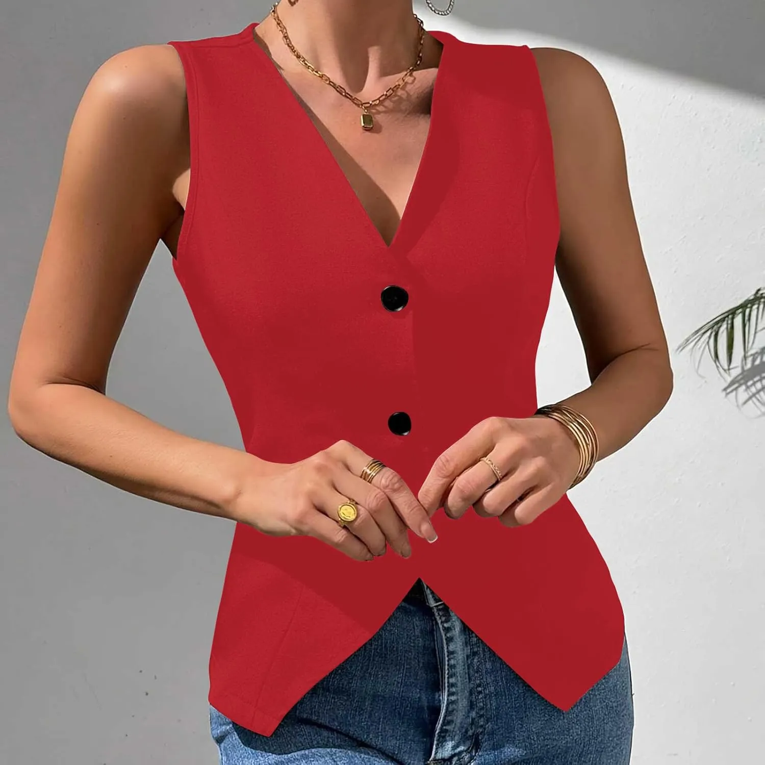 Womens Blazer Vest V Neck Sleeveless Button down Vest Work Casual Fitted Waistcoat Trendy Suit Tops Summer Dressy Tops