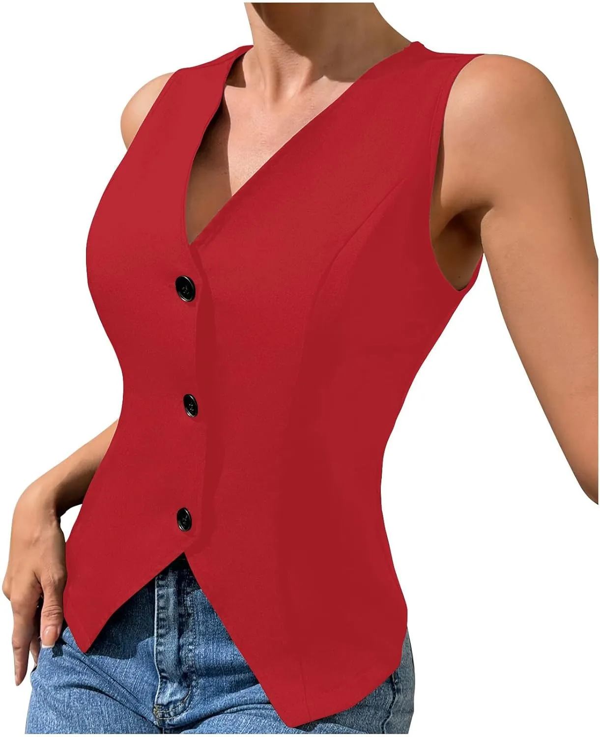 Womens Blazer Vest V Neck Sleeveless Button down Vest Work Casual Fitted Waistcoat Trendy Suit Tops Summer Dressy Tops
